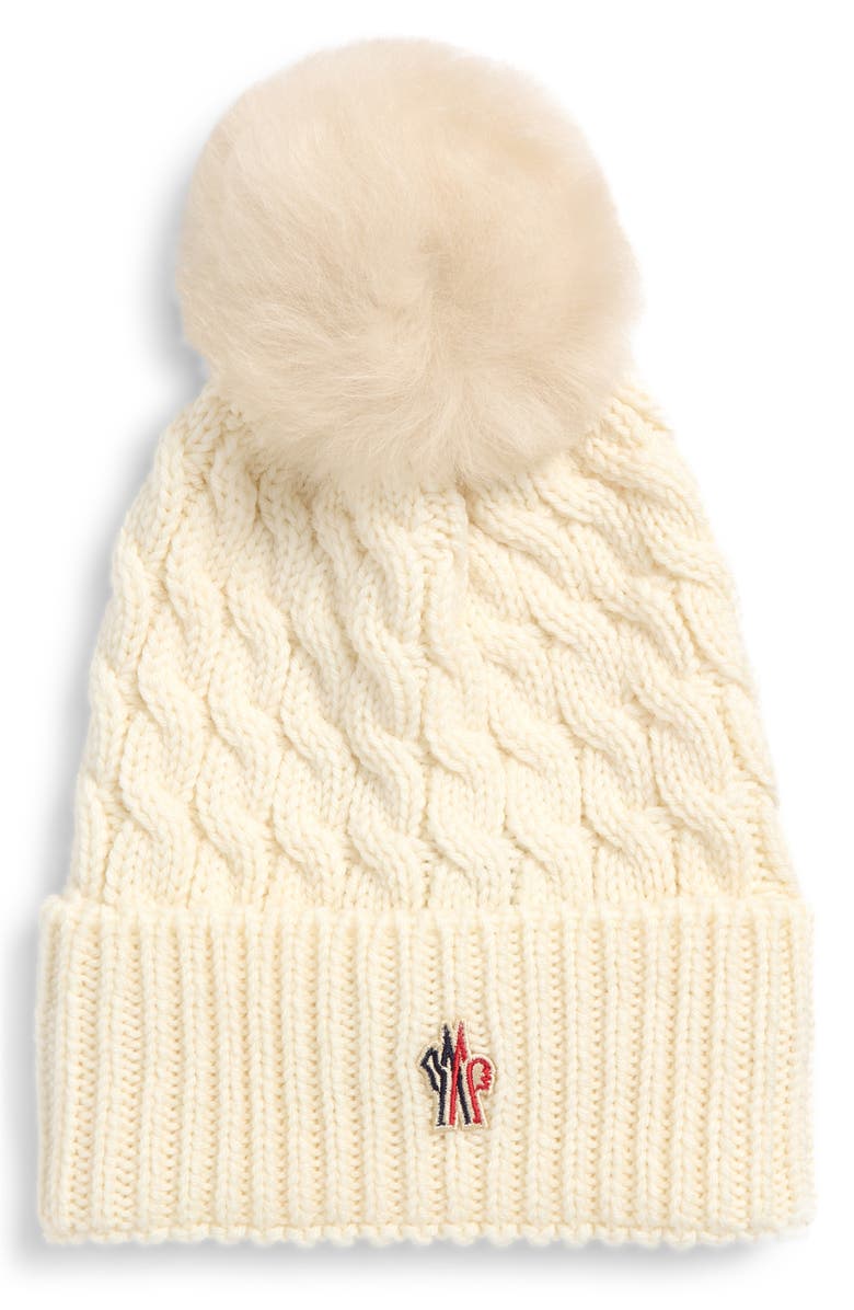Moncler Après Ski Cable Knit Virgin Wool Beanie with Faux Fur Pompom, Main, color, Off White