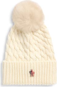 Moncler Après Ski Cable Knit Virgin Wool Beanie with Faux Fur Pompom