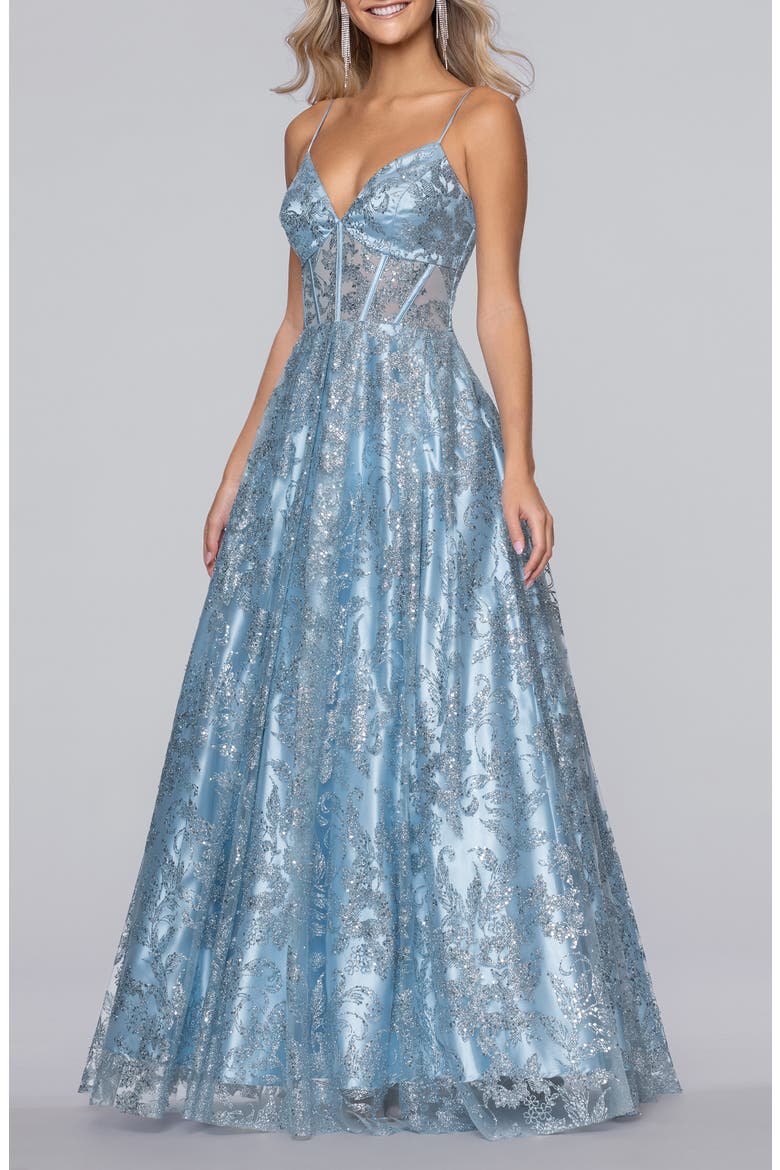 Jill Glitter Mesh Corset Gown, Main, color, LIGHT BLUE