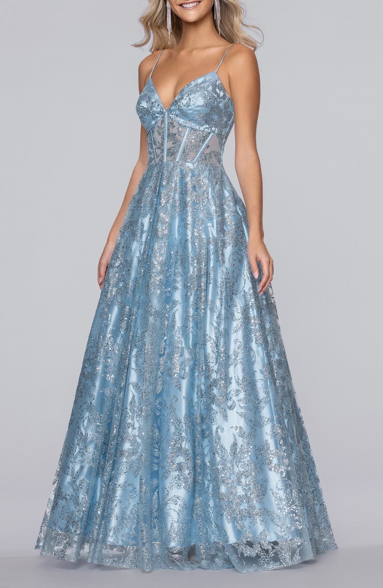 Blondie Nites Jill Glitter Mesh Corset Gown, Main, color, Light Blue