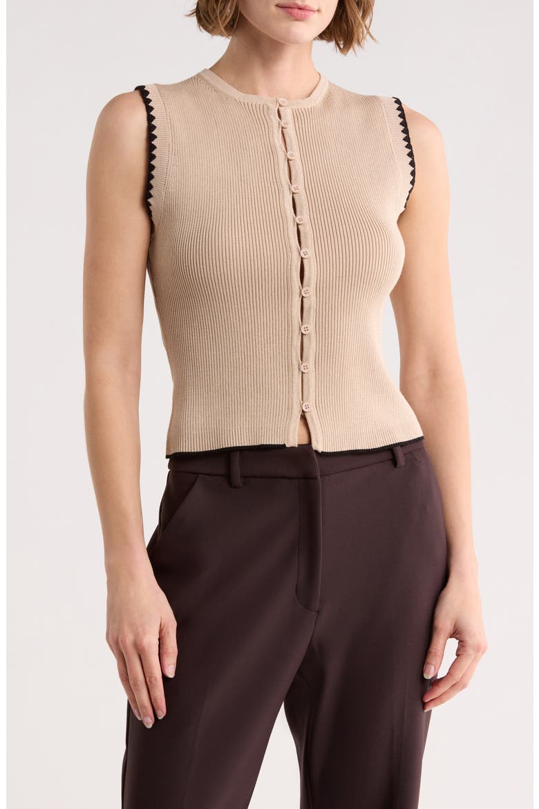 Contrast Stitch Knit Button Front Top, Main, color, KHAKI