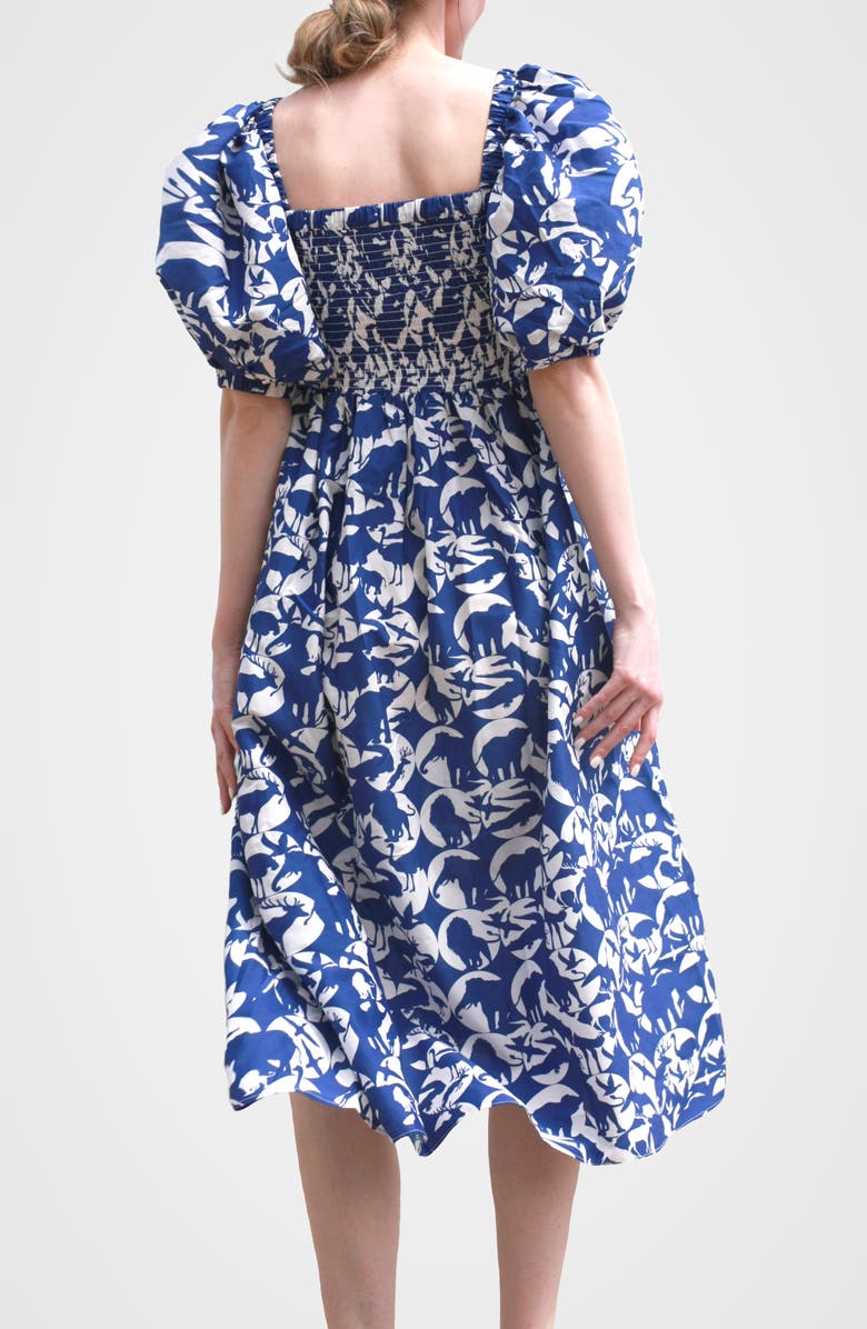 Jessie Zhao New York Animal World Smocked Cotton Silk Dress, Alternate, color, Blue