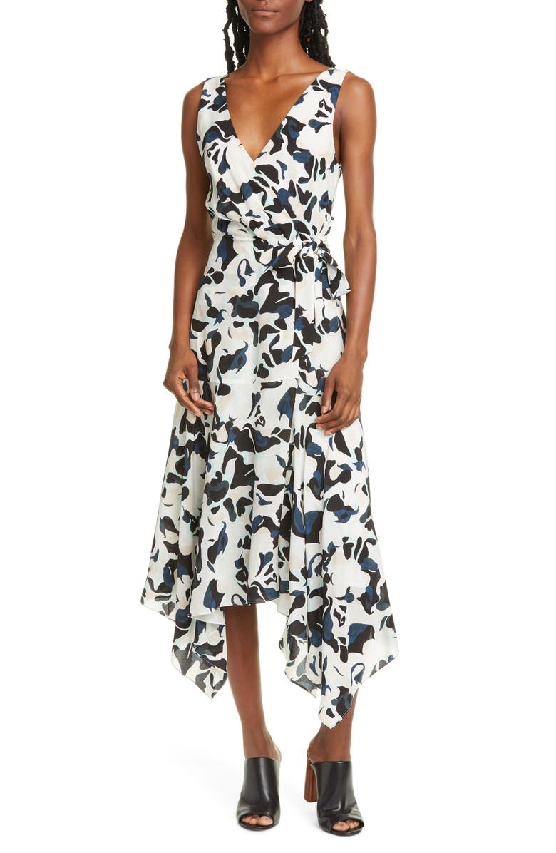 Club Monaco Abstract Print Faux Wrap Handkerchief Hem Silk Dress, Main, color, 