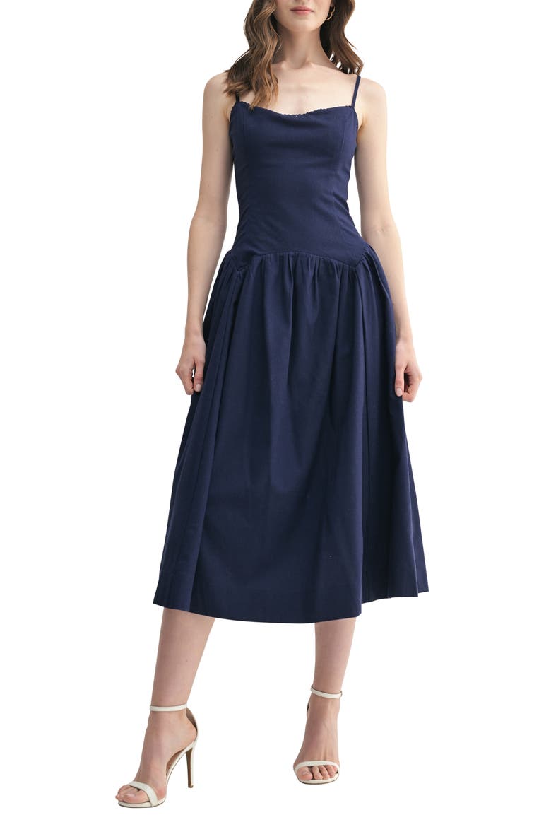 Drop Waist Cotton & Linen Midi Dress, Main, color, NAVY