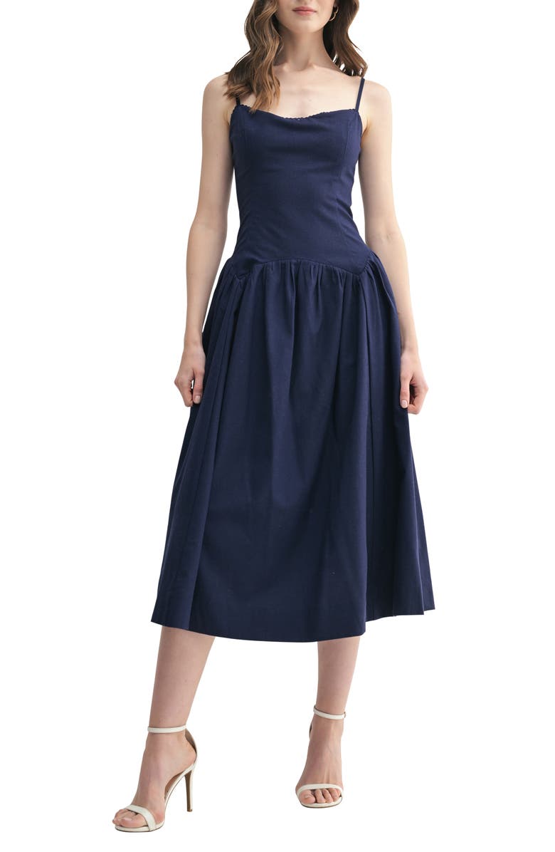 All in Favor Drop Waist Cotton & Linen Midi Dress, Main, color, Navy
