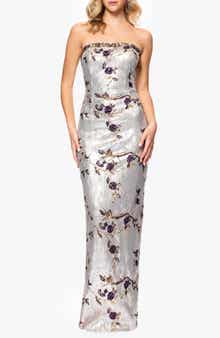 Betsy & Adam Sequin Floral Strapless Sheath Gown
