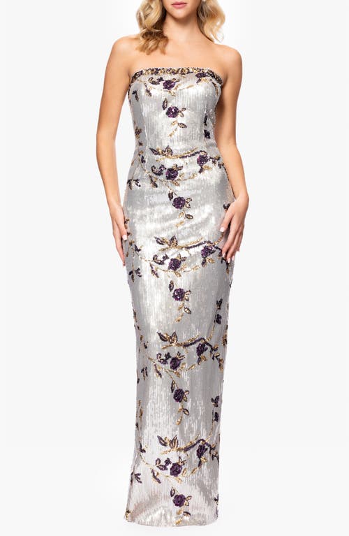 Betsy & Adam Sequin Floral Strapless Sheath Gown In Silver/purple