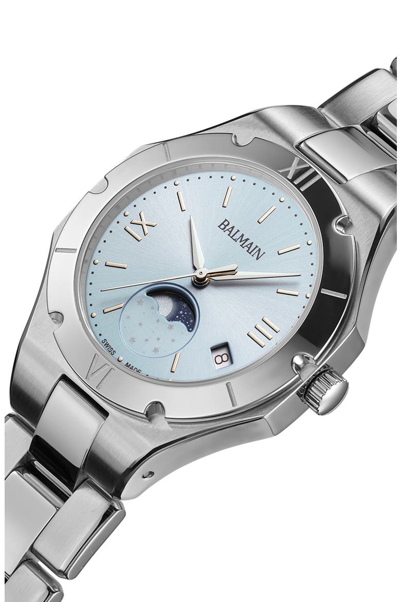 Be Balmain Moonphase Bracelet Watch, 33mm, Alternate, color, LIGHT BLUE STAINLESS STEEL