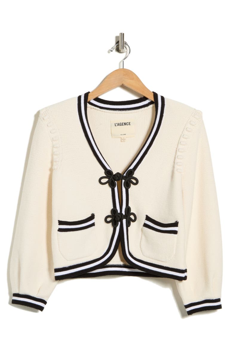 L'AGENCE Kaito Contrast Crop Cardigan, Main, color, Ivory/ Black