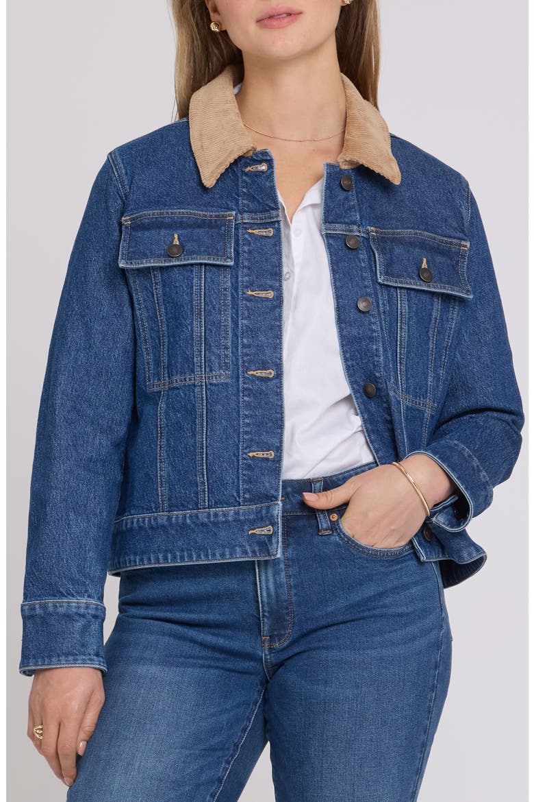 Corduroy Collar Cotton Blend Denim Jacket, Main, color, SEA HOLLY