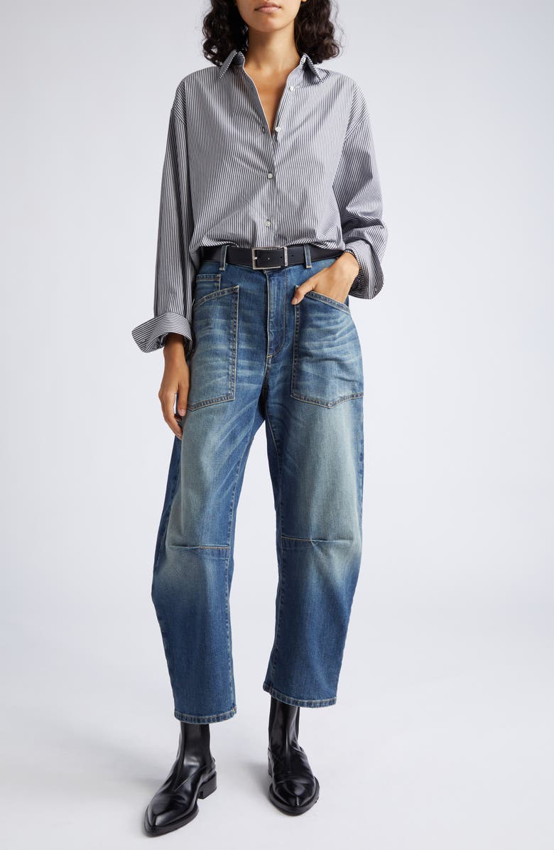 Nili Lotan Yorke Stripe High-Low Cotton Shirt, Alternate, color, 