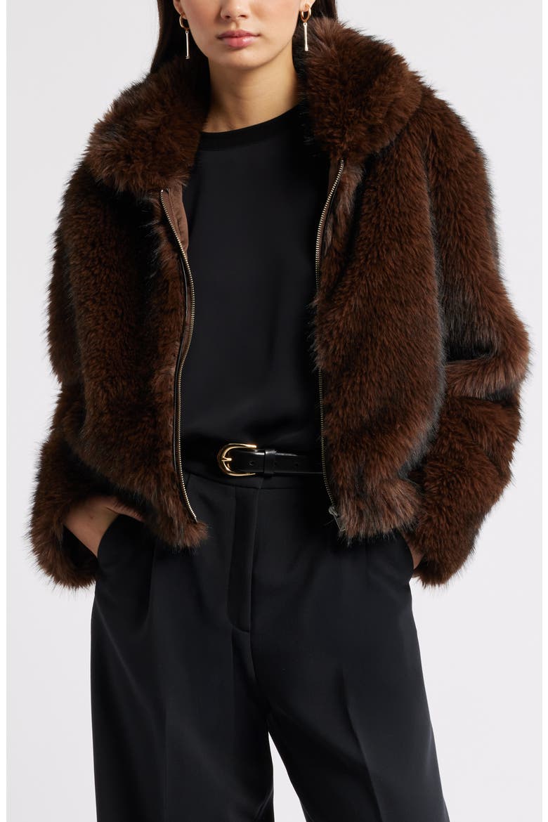 Faux Fur Bomber Jacket, Main, color, BROWN COFFEE