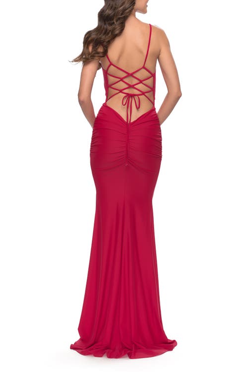 LA FEMME LA FEMME TWIST FRONT CUT OUT JERSEY PROM DRESS