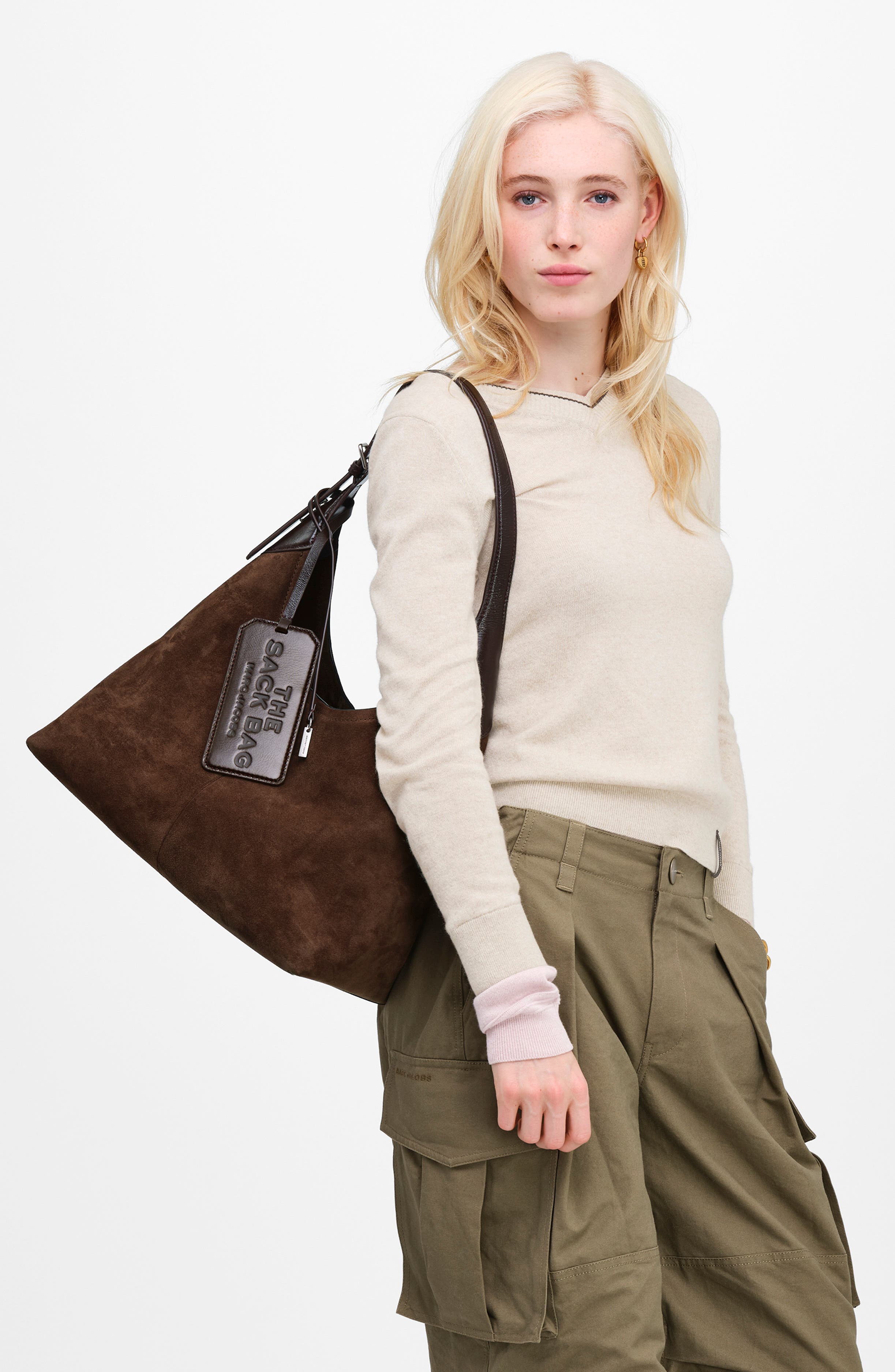 The Belted Sack Suede Leather Bag, Alternate, color, DARK BROWN