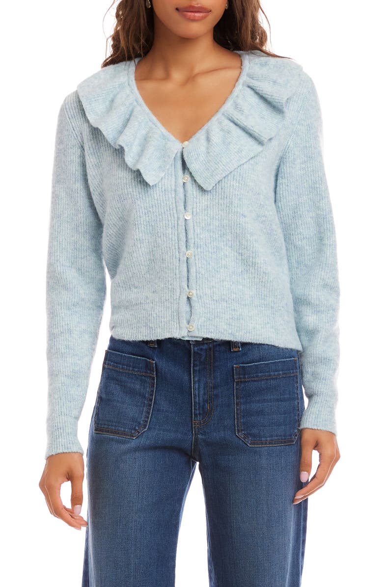 Karen Kane Ruffle V-Neck Cardigan, Main, color, Aqua
