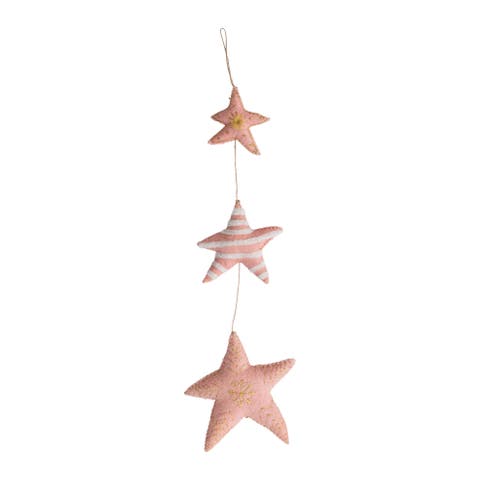 Wool Felt Stars Hanging with Metallic Thread Embroidery, Blush & Cream Color