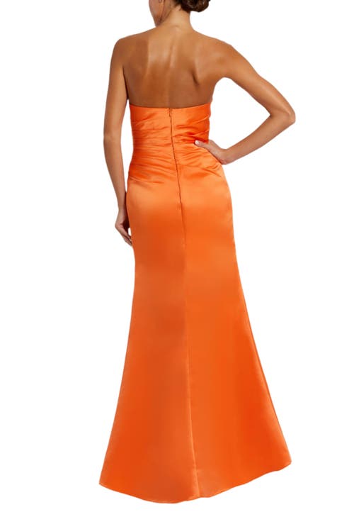 Mac Duggal Strapless Gathered High Slit Gown In Sherbet