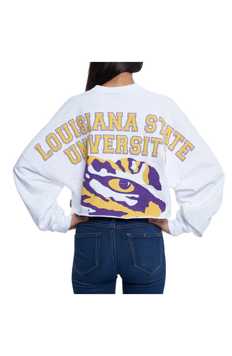 SPIRIT JERSEY Women's White LSU Tigers Raw Hem Cropped Spirit Jersey Long Sleeve T-Shirt, Alternate, color,