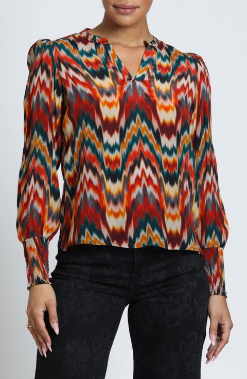 Print Split Neck Top with Smocked Cuffs