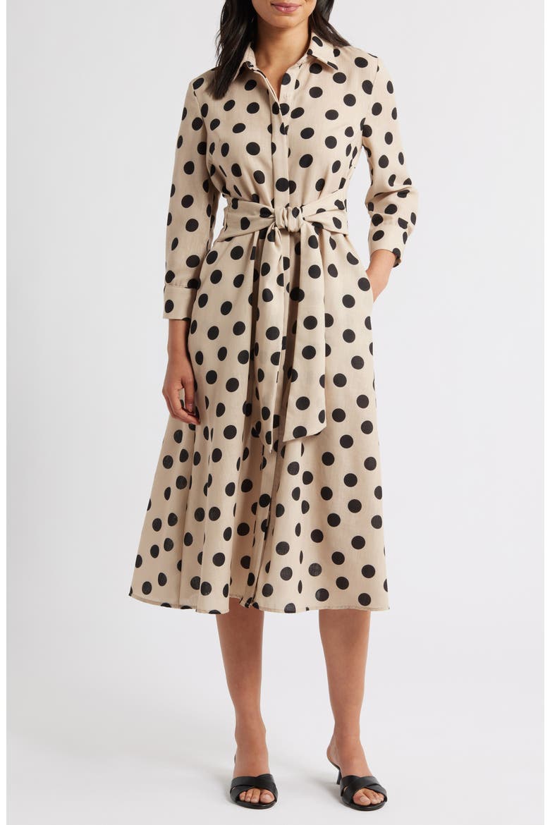 Long Sleeve Button-Up Midi Dress, Main, color, LIGHT TAN/ BLACK