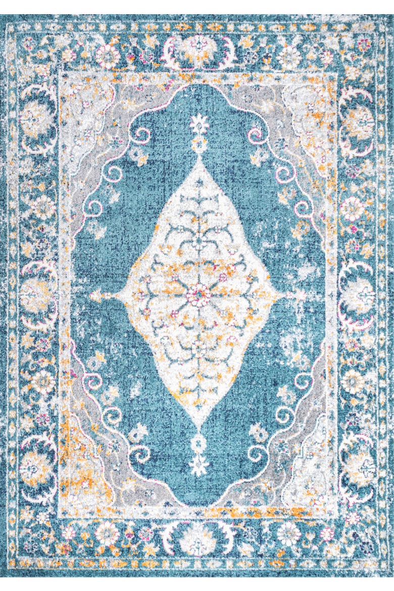 Zelda Bohemian Cottage Medallion Area Rug, Main, color, Turquoise/Gray