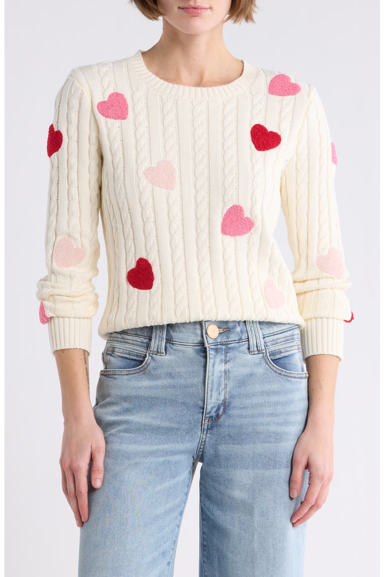 Fuzzy Heart Cotton Cable Sweater, Main, color, IVORY/ PINK RED HEARTS