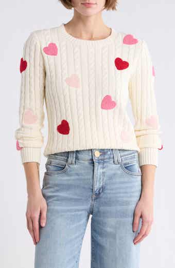 T Tahari Fuzzy Heart Cotton Cable Sweater