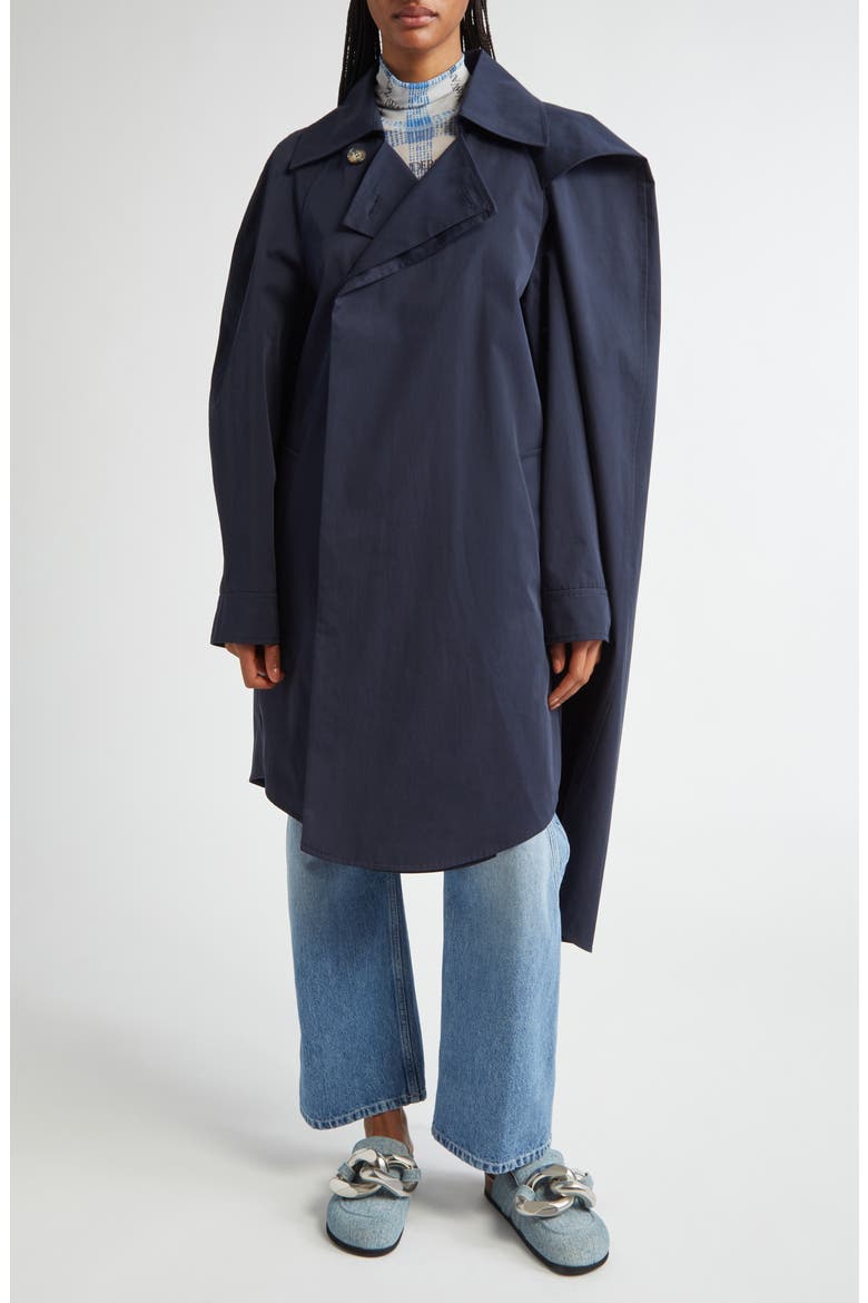 Asymmetric Cotton Twill Cape Trench Coat, Main, color, BRIGHT NAVY