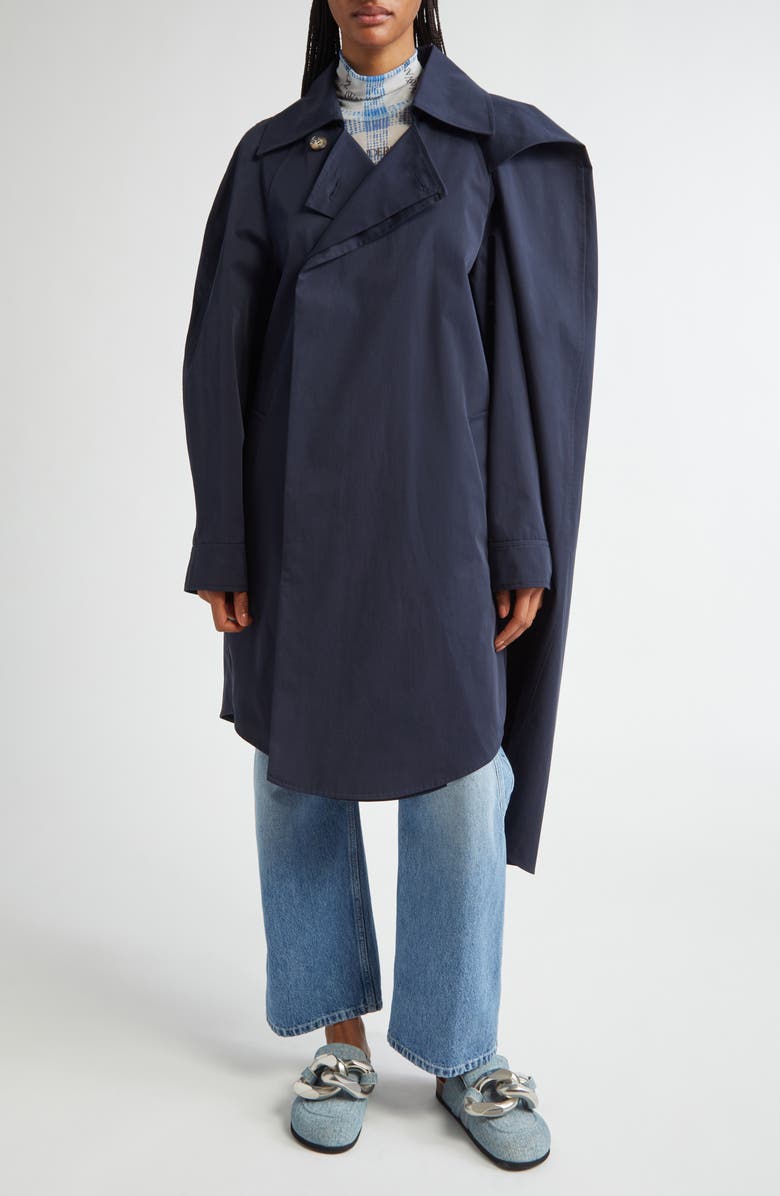 JW Anderson Asymmetric Cotton Twill Cape Trench Coat, Main, color,