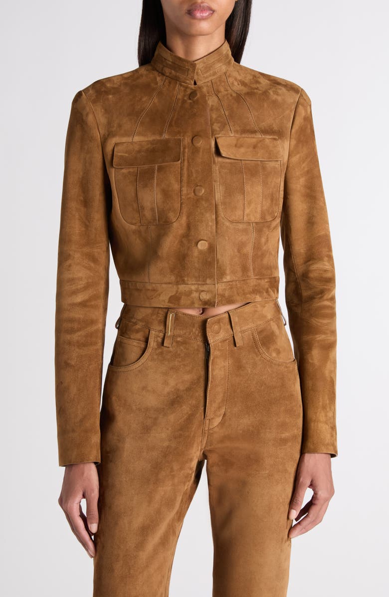 TOM FORD Crop Suede Officer Jacket, Main, color, Caramel