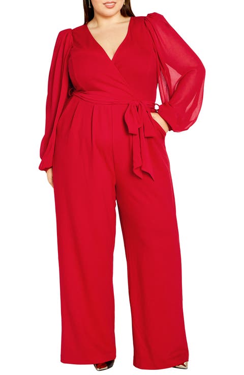 Belted Sheer Long Sleeve Jumpsuit (Plus)