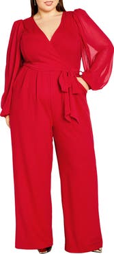 City Chic Belted Sheer Long Sleeve Jumpsuit