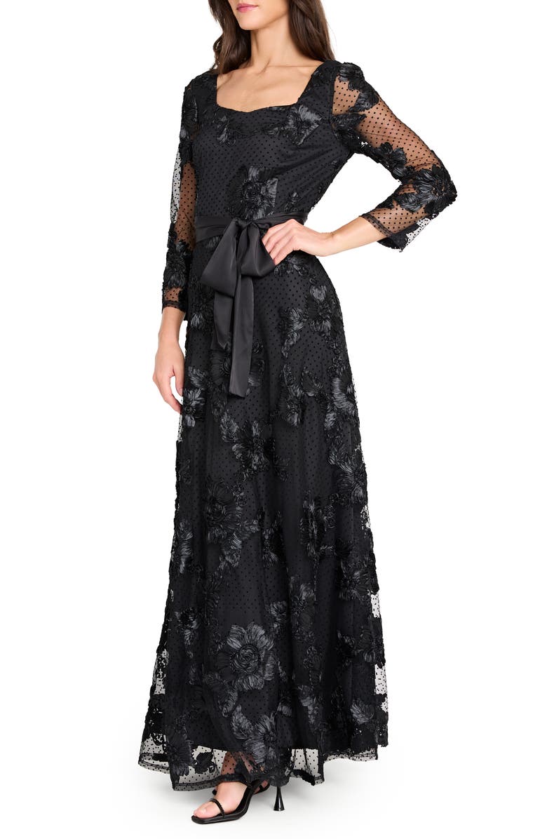 Tahari ASL Embroidered Sheer Long Sleeve Gown, Alternate, color, Black