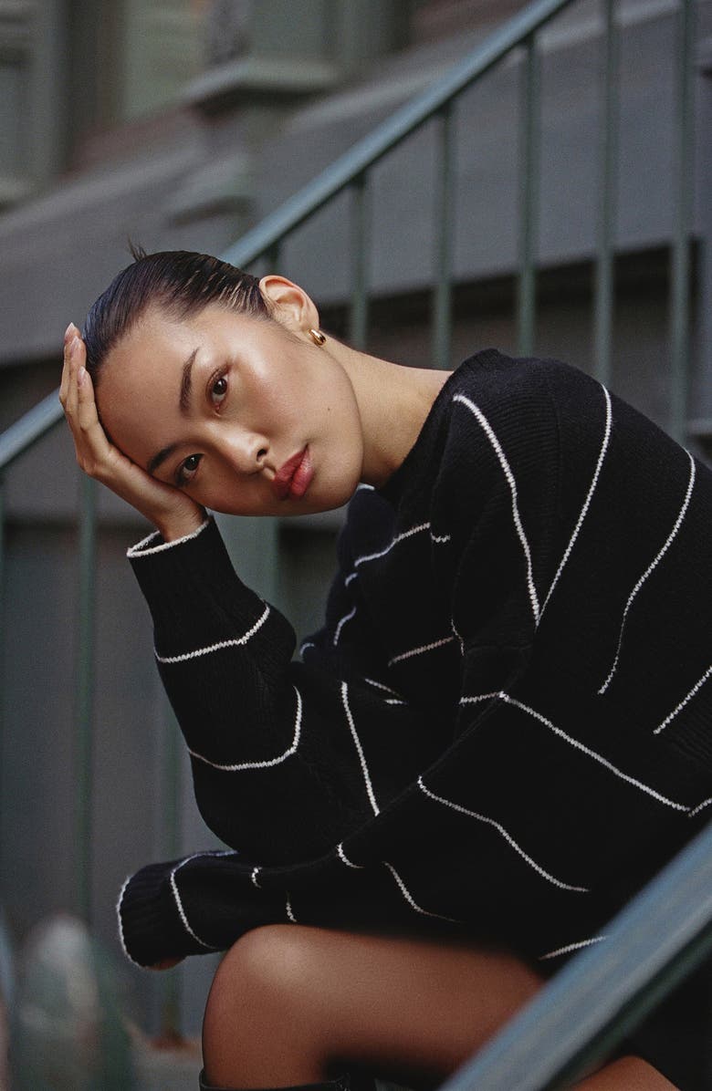 French Connection Riddley Stripe Relaxed Fit Sweater, Alternate, color, Black-Porcelain Cream