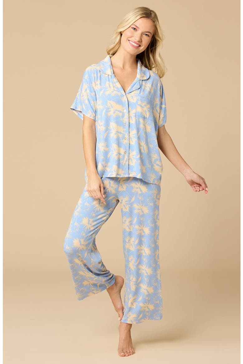 Soft Sleep Caftan Top and Cropped Pant Pajama Set, Alternate, color, Sky Blue Floral