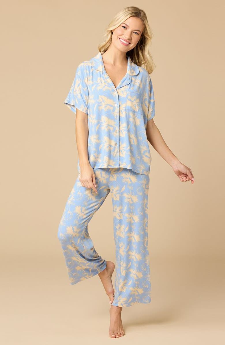 Softies Soft Sleep Caftan Top and Cropped Pant Pajama Set, Alternate, color, Sky Blue Floral