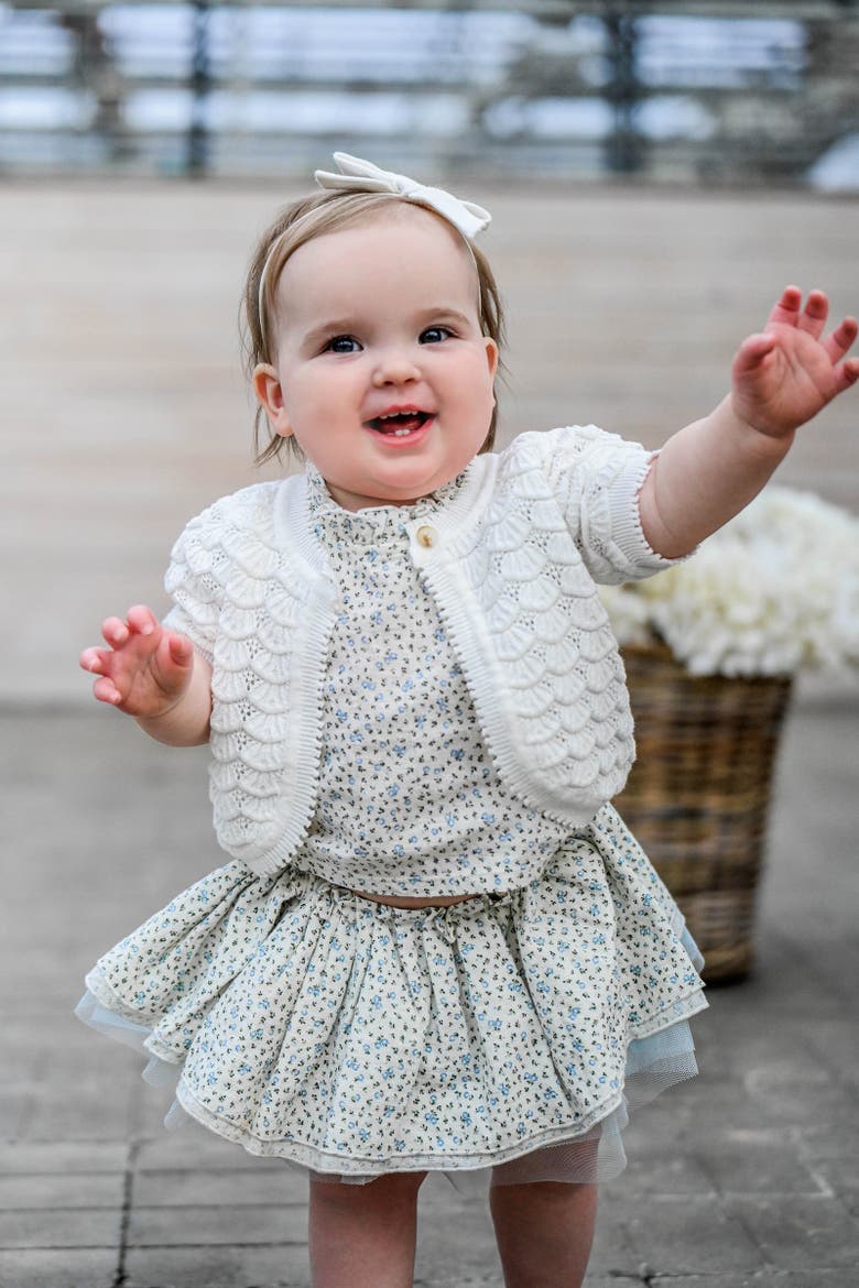 Shell Stitch Juliet Pointelle Short Sleeve Cardigan, Alternate, color, Cream