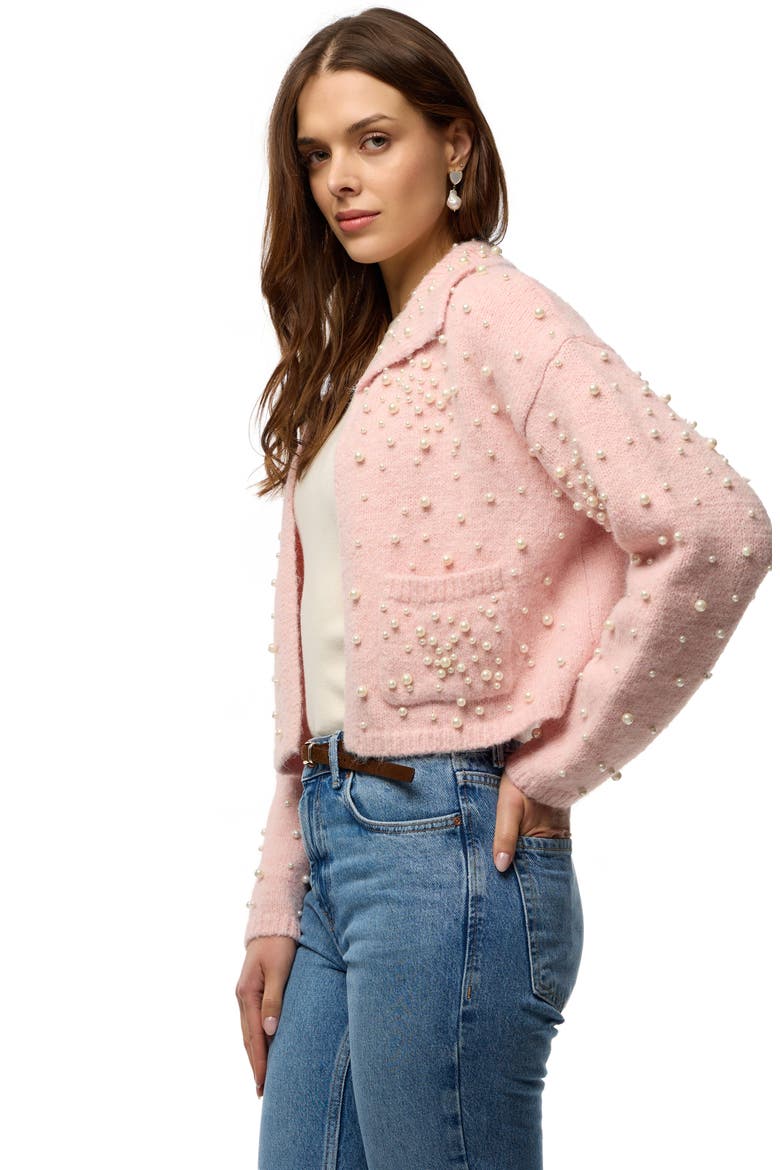 Faux Pearl Bead Open Front Cardigan, Alternate, color, LIGHT PINK
