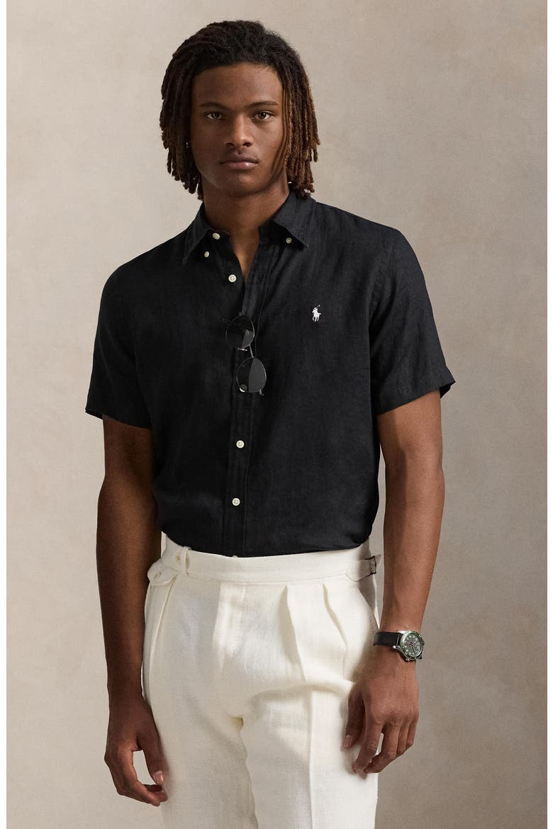Solid Black Short Sleeve Linen Button-Down Shirt, Alternate, color, POLO BLACK