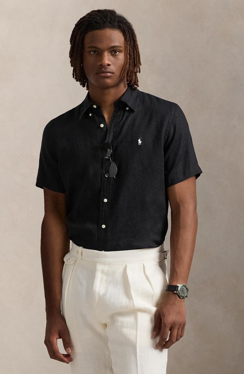 Polo Ralph Lauren Solid Black Short Sleeve Linen Button-Down Shirt, Alternate, color, Polo Black