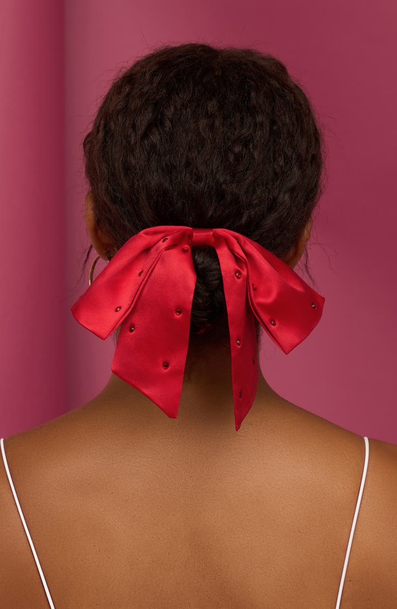 Kitsch Satin Rhinestone Bow Scrunchie, Alternate, color, Red