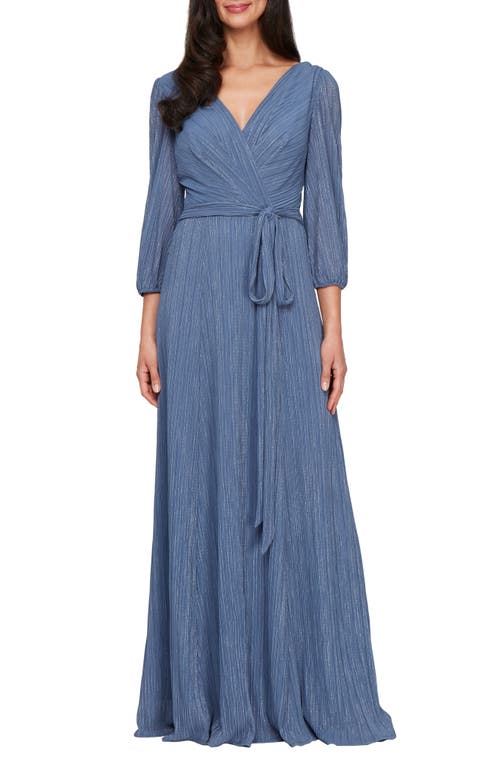 Alex Evenings Metallic Micro Pleated Mesh Gown In Blue