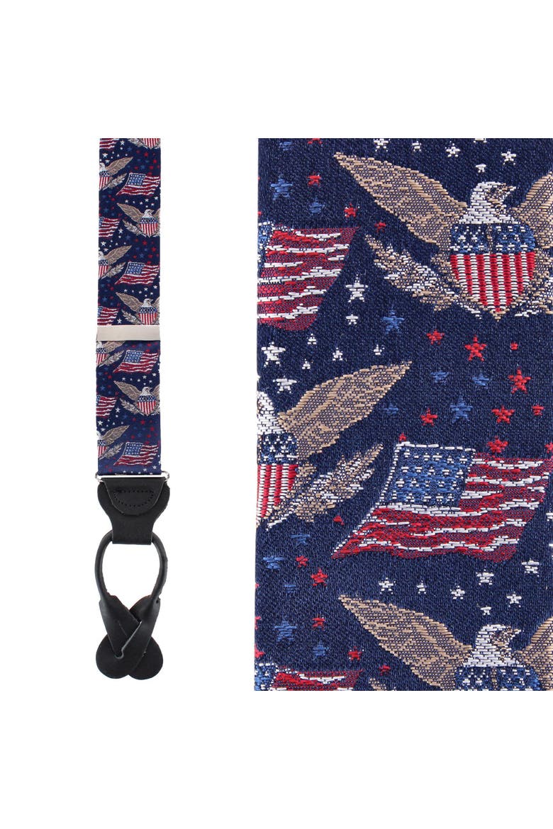 Legacy Soars Patriotic Bald Eagle Silk Novelty Button End Suspenders, Main, color, Navy Blue