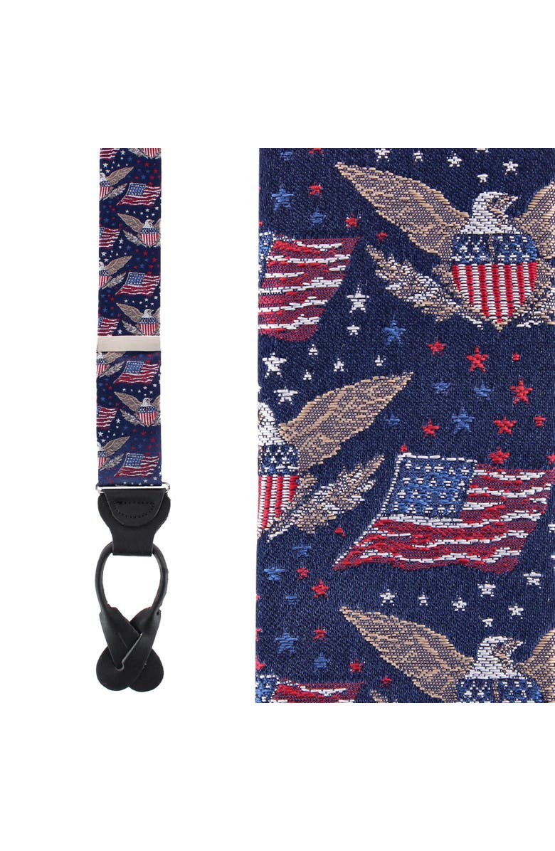 Trafalgar Legacy Soars Patriotic Bald Eagle Silk Novelty Button End Suspenders, Main, color, Navy Blue