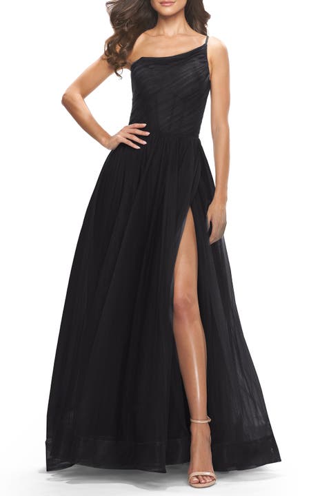 One Shoulder A-Line Tulle Gown with Sheer Bodice