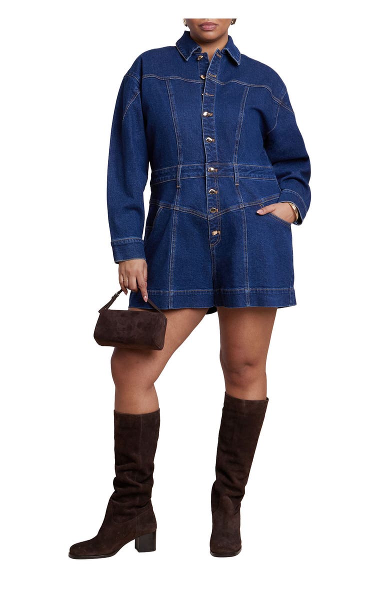 ELOQUII Denim Romper, Main, color, Dark Wash