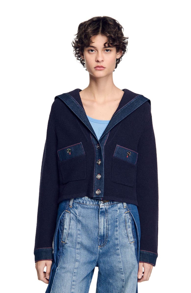 SANDRO Cardigan with denim details, Alternate, color,