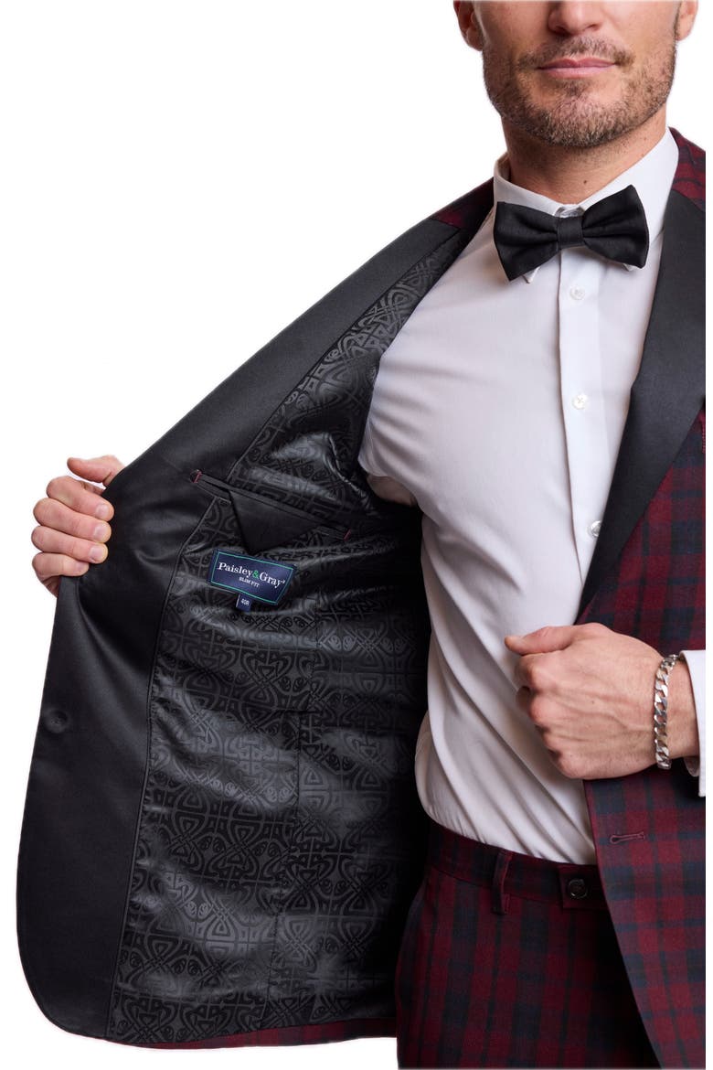 Kyle Slim Fit Plaid Peak Lapel Tuxedo Jacket, Alternate, color, BURGUNDY BLACK TARTAN