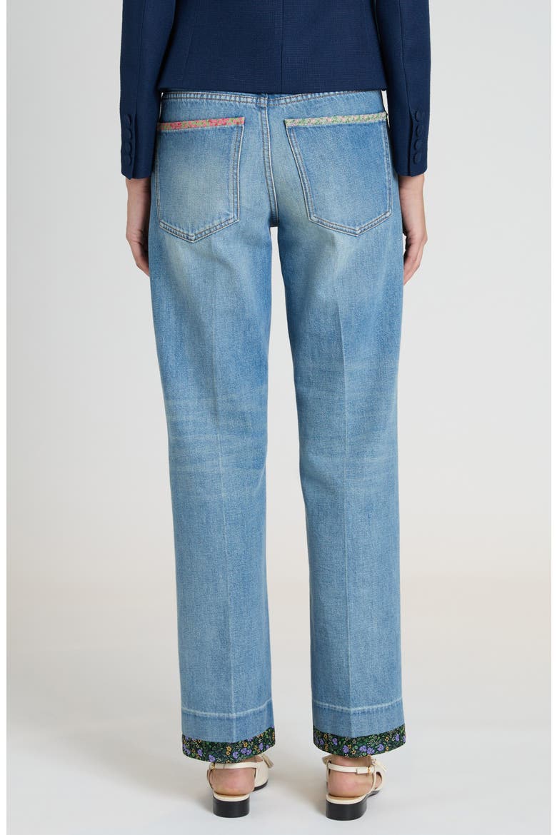Floral Trim Straight Leg Jeans, Alternate, color, MEDIUM BLUE DENIM