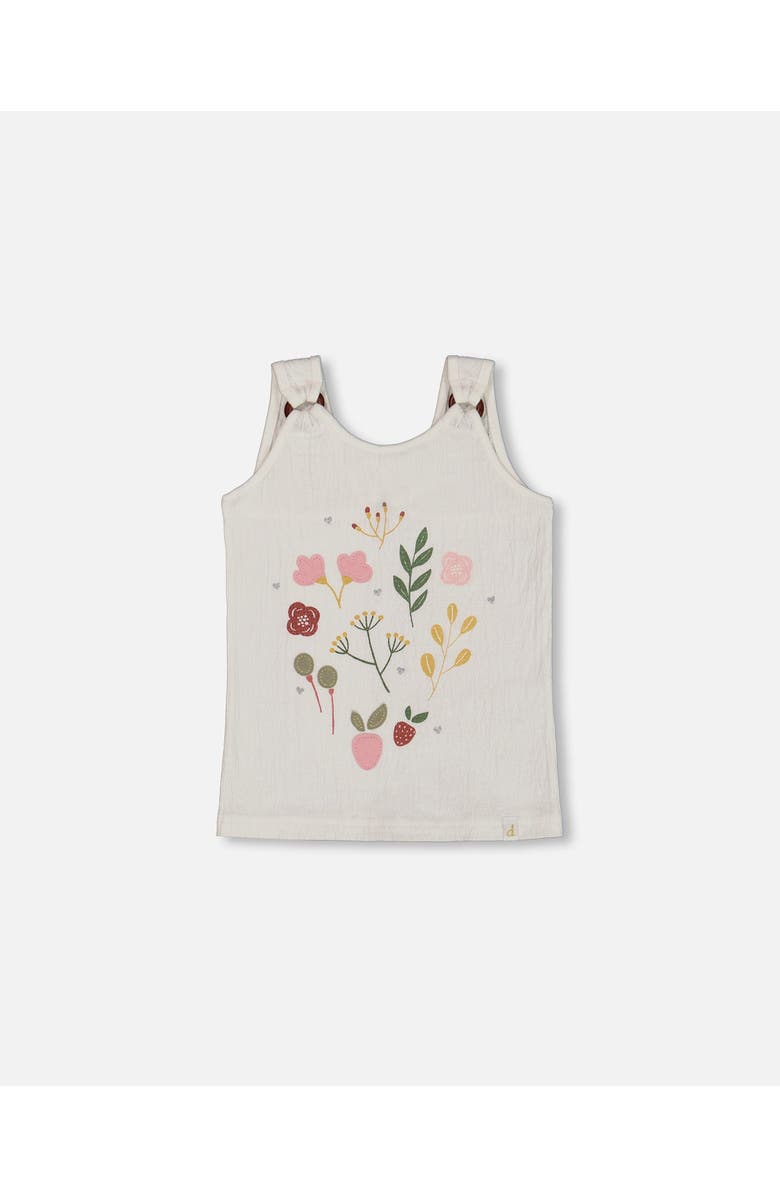 Deux par Deux Girl's Crinkle Jersey Tank Top Pink Flowers On Cream Background, Main, color,